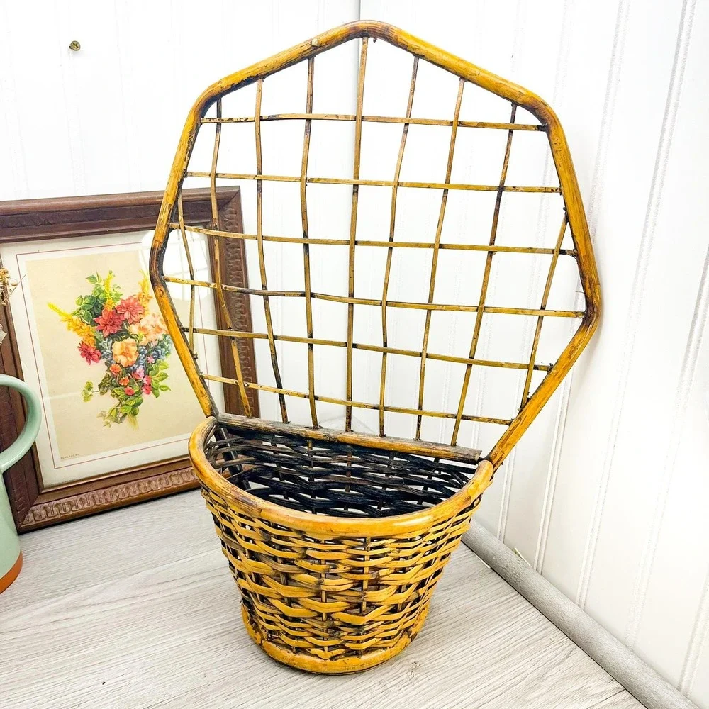 Peacock Wicker Wall Basket with Bamboo Trim